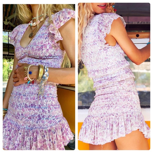 LoveShackFancy Dresses & Skirts - LoveShackFancy Sonora Ruffled Smocked Mini Dress Purple Floral Sz Small NWOT